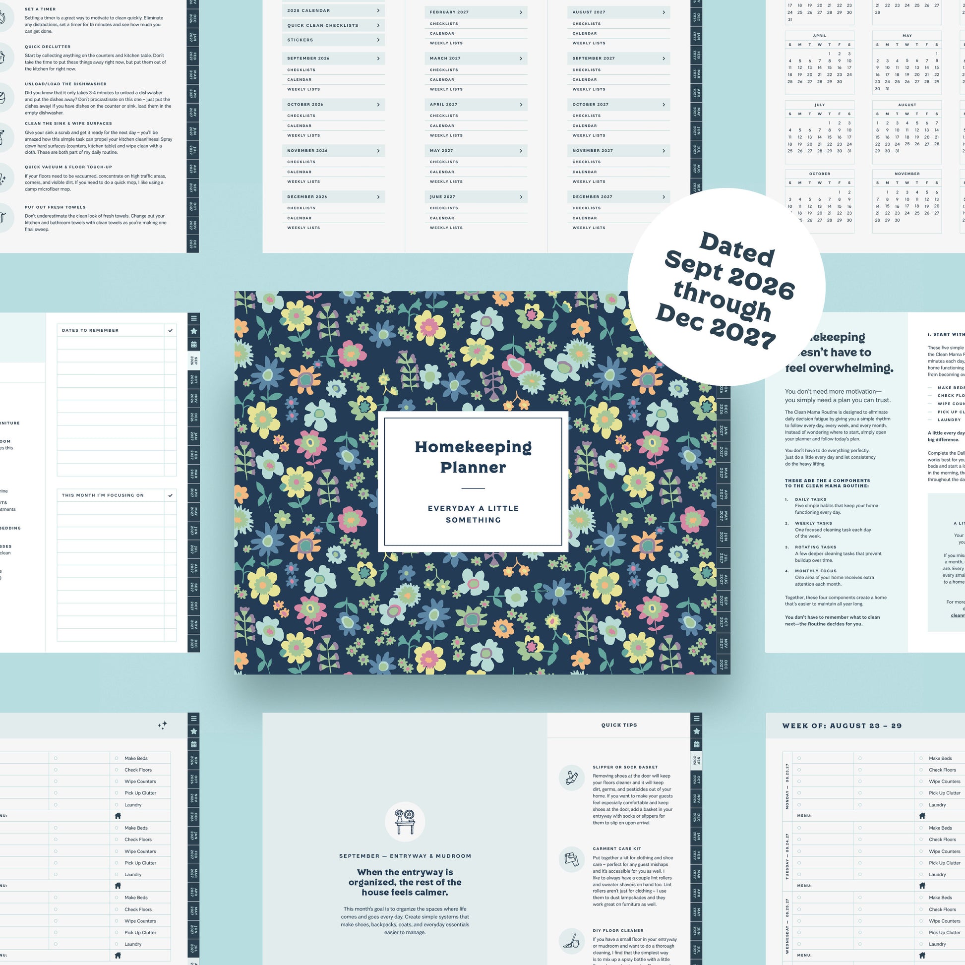 Clean Mama's 2027 Interactive Homekeeping Planner (Digital) Navy Floral Cover Dated September 2026 through December 2027