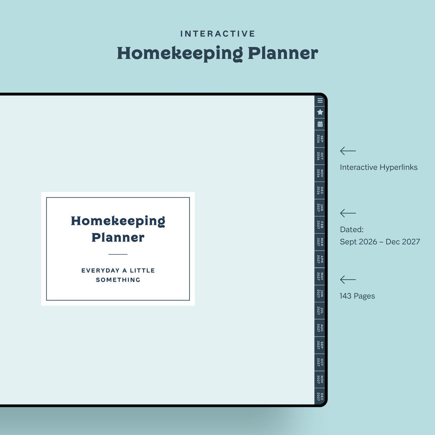 Interactive Aqua Homekeeping Planner featuring tabbed hyperlinks, 143 pages dated September 2026 through December 2027