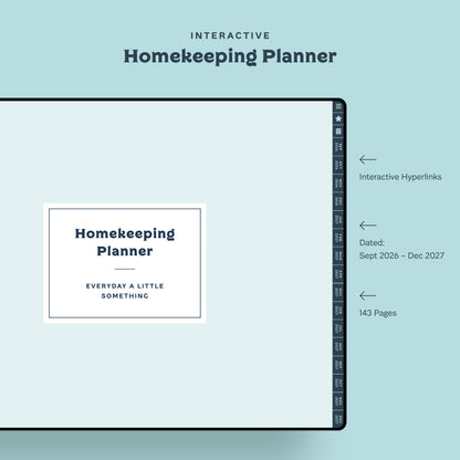 Interactive Aqua Homekeeping Planner featuring tabbed hyperlinks, 143 pages dated September 2026 through December 2027
