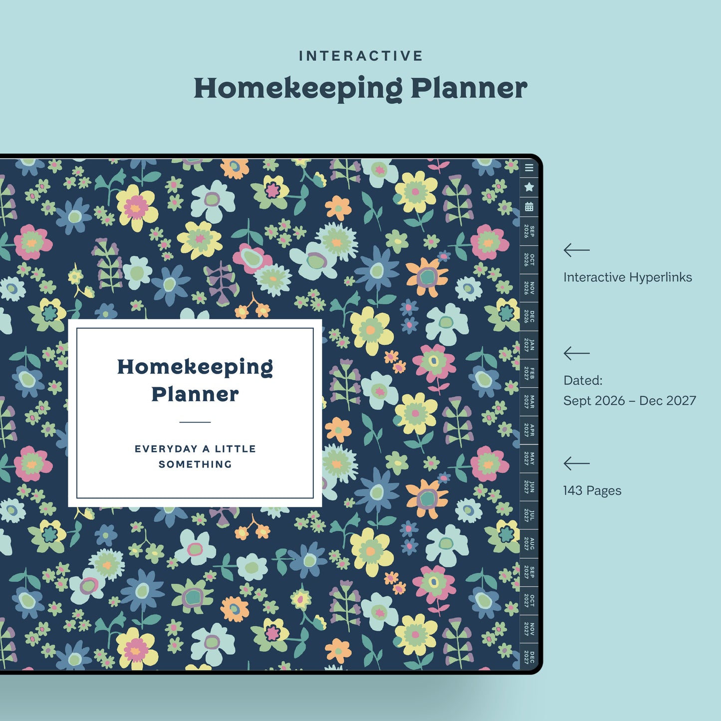 Interactive Navy Floral Homekeeping Planner featuring tabbed hyperlinks, 143 pages dated September 2026 through December 2027