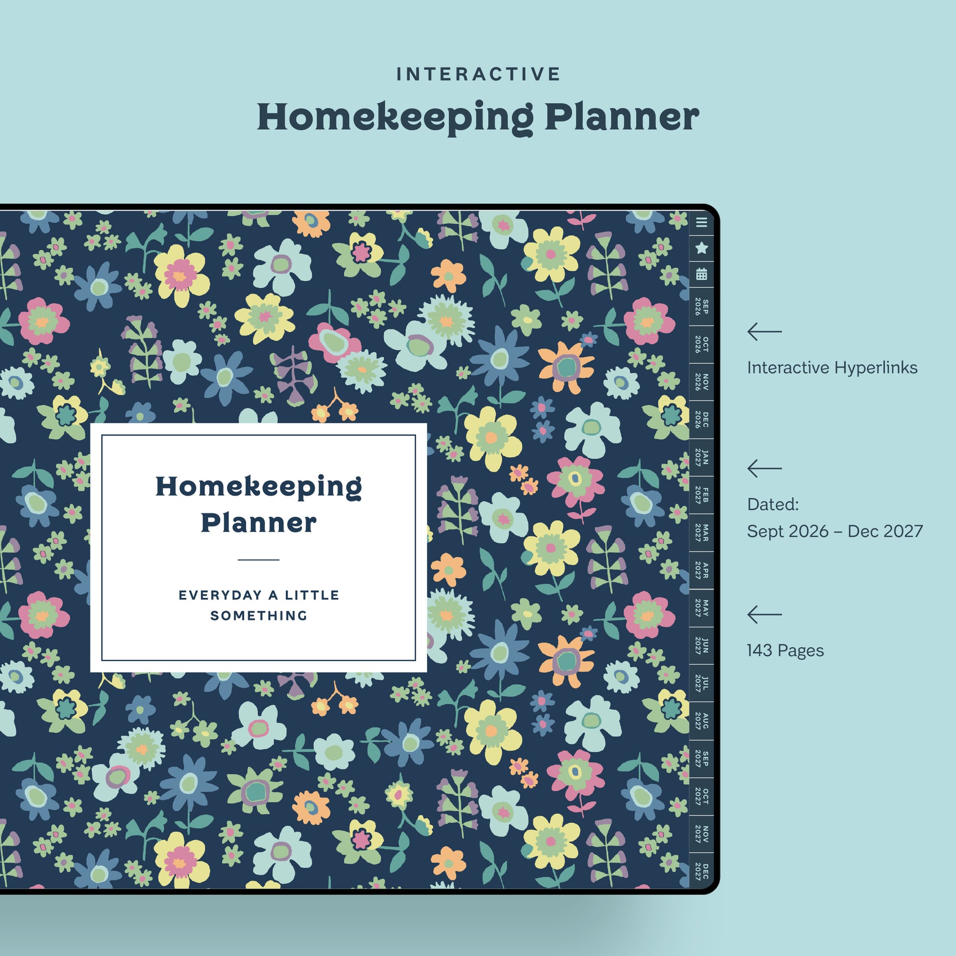 Interactive Navy Floral Homekeeping Planner featuring tabbed hyperlinks, 143 pages dated September 2026 through December 2027