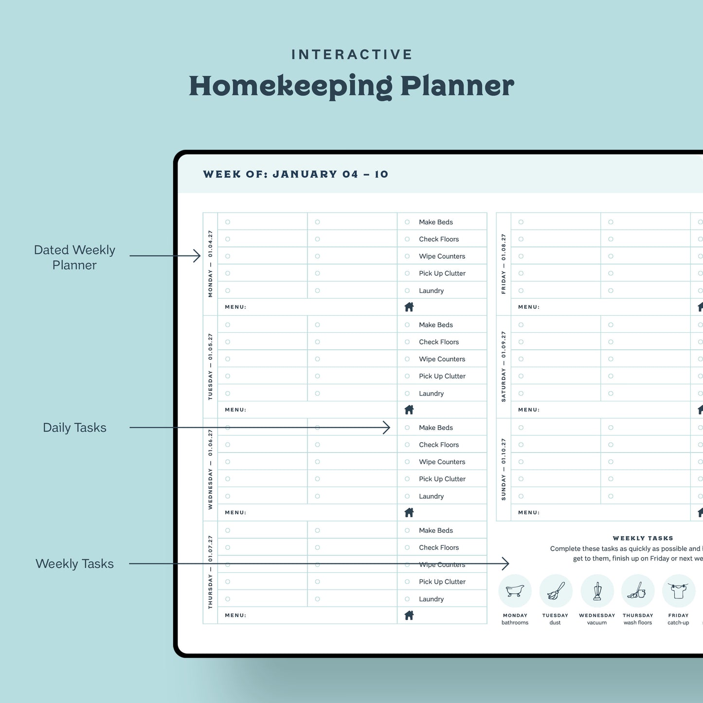 Dated Weekly Planner featuring Daily Tasks and Weekly Tasks from the Clean Mama Routine