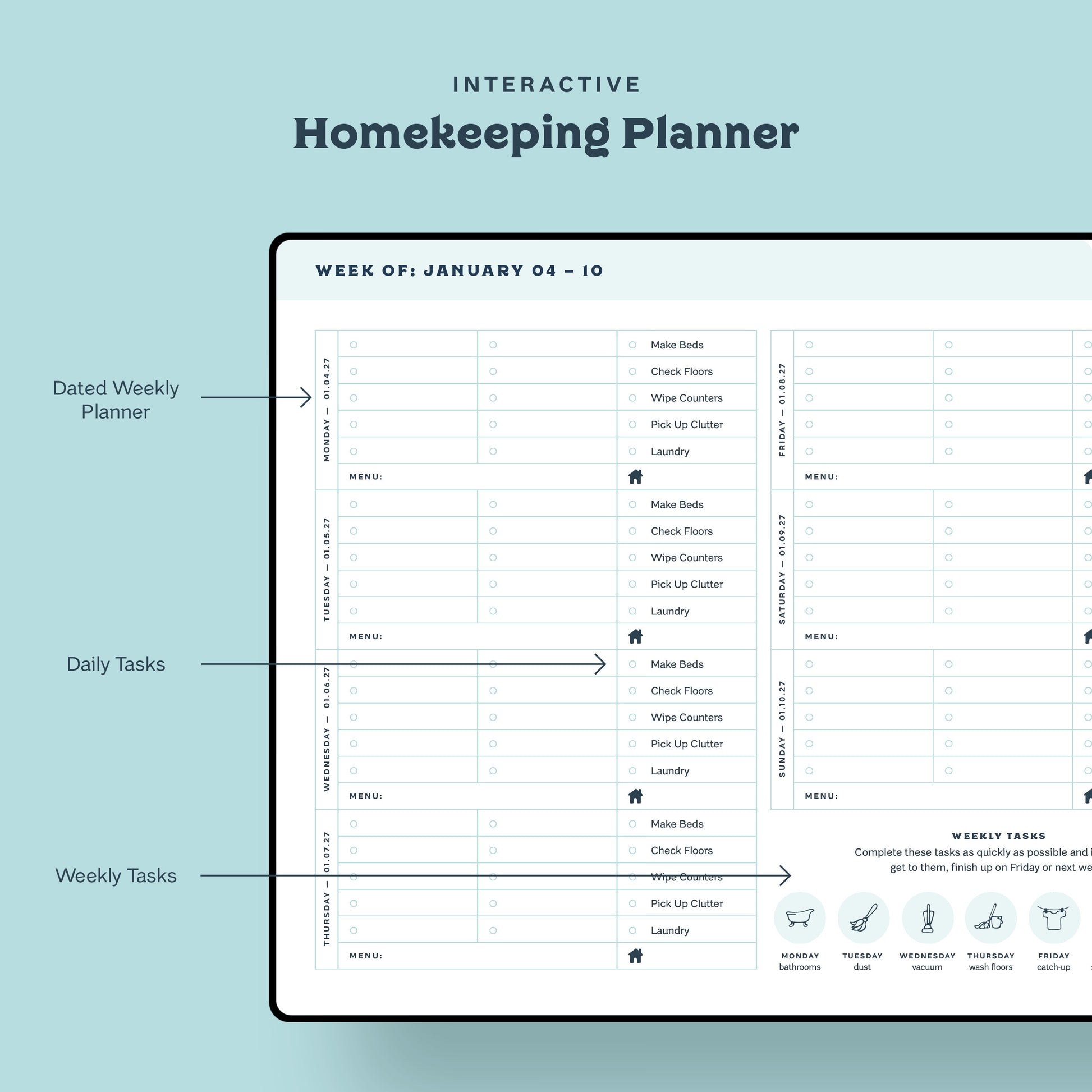 Dated Weekly Planner featuring Daily Tasks and Weekly Tasks from the Clean Mama Routine