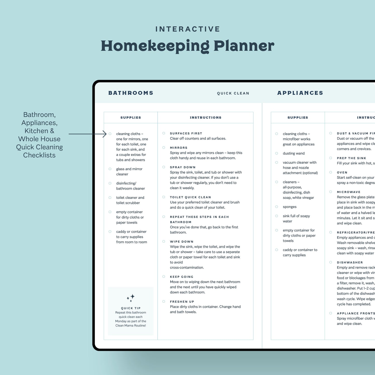 Bathroom, Appliances, Kitchen and whole House Quick Cleaning Checklists in the Digital 2027 Homekeeping Planner