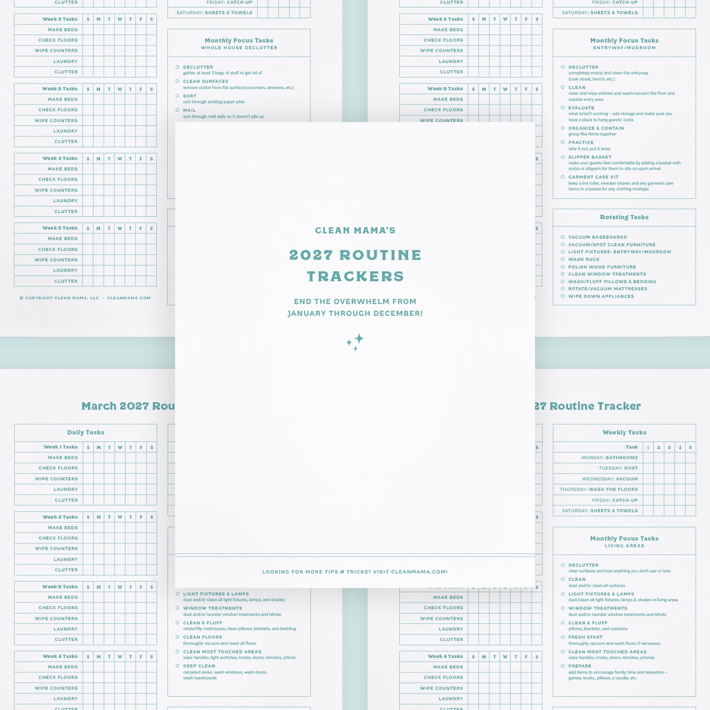 Printable Clean Mama Routine Tracker PDF for 2027 with Monthly Checklists