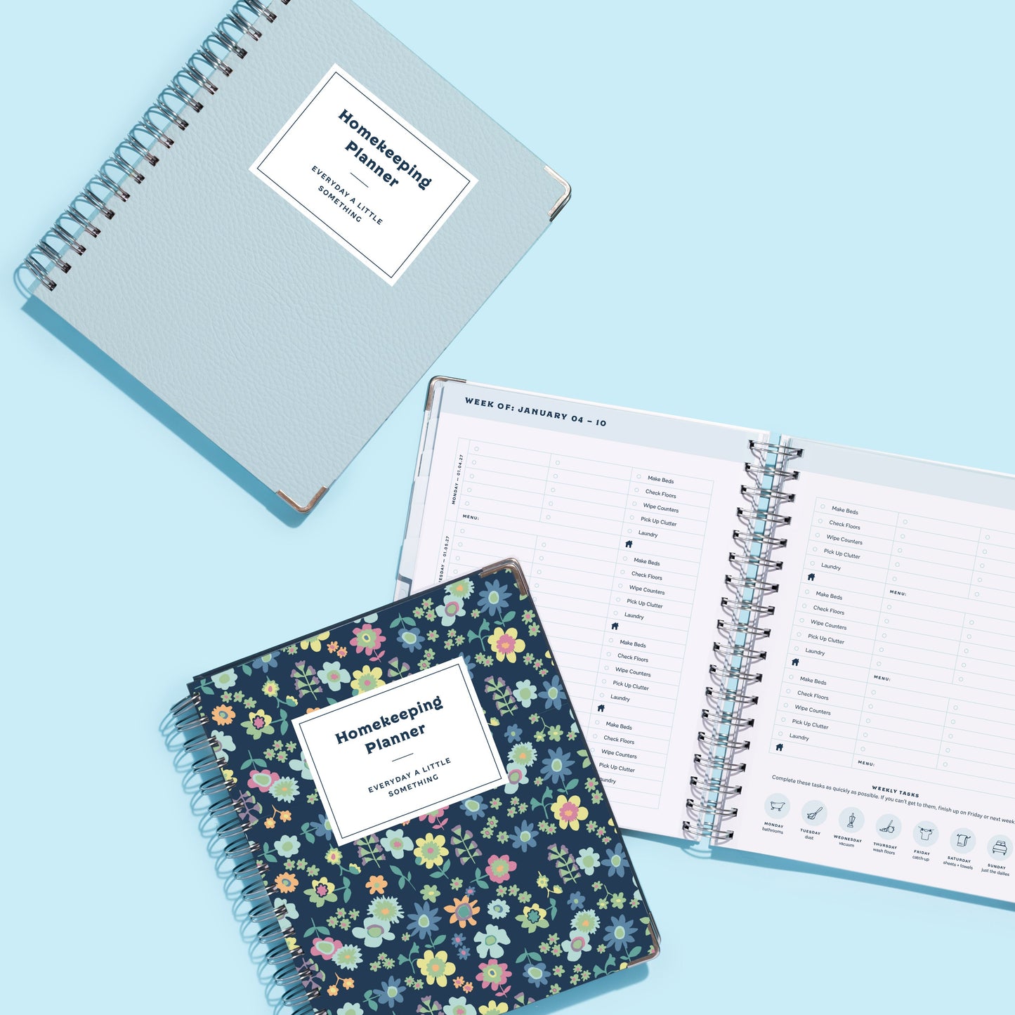 Spiral Bound Homekeeping Planner Cover Options in Aqua Leatherette or Navy Floral