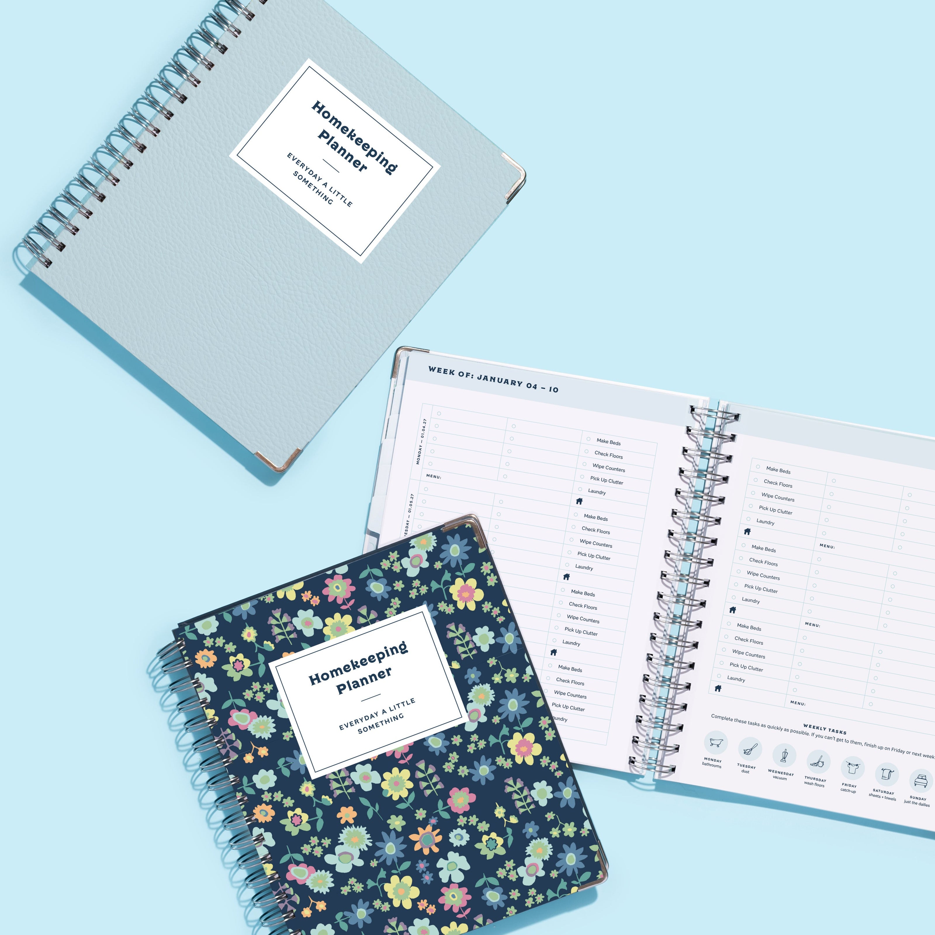 Spiral Bound Homekeeping Planner Cover Options in Aqua Leatherette or Navy Floral