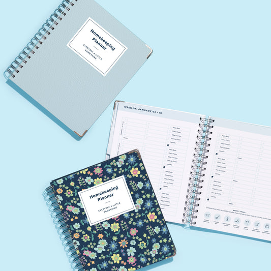 Spiral Bound Homekeeping Planner Cover Options in Aqua Leatherette or Navy Floral